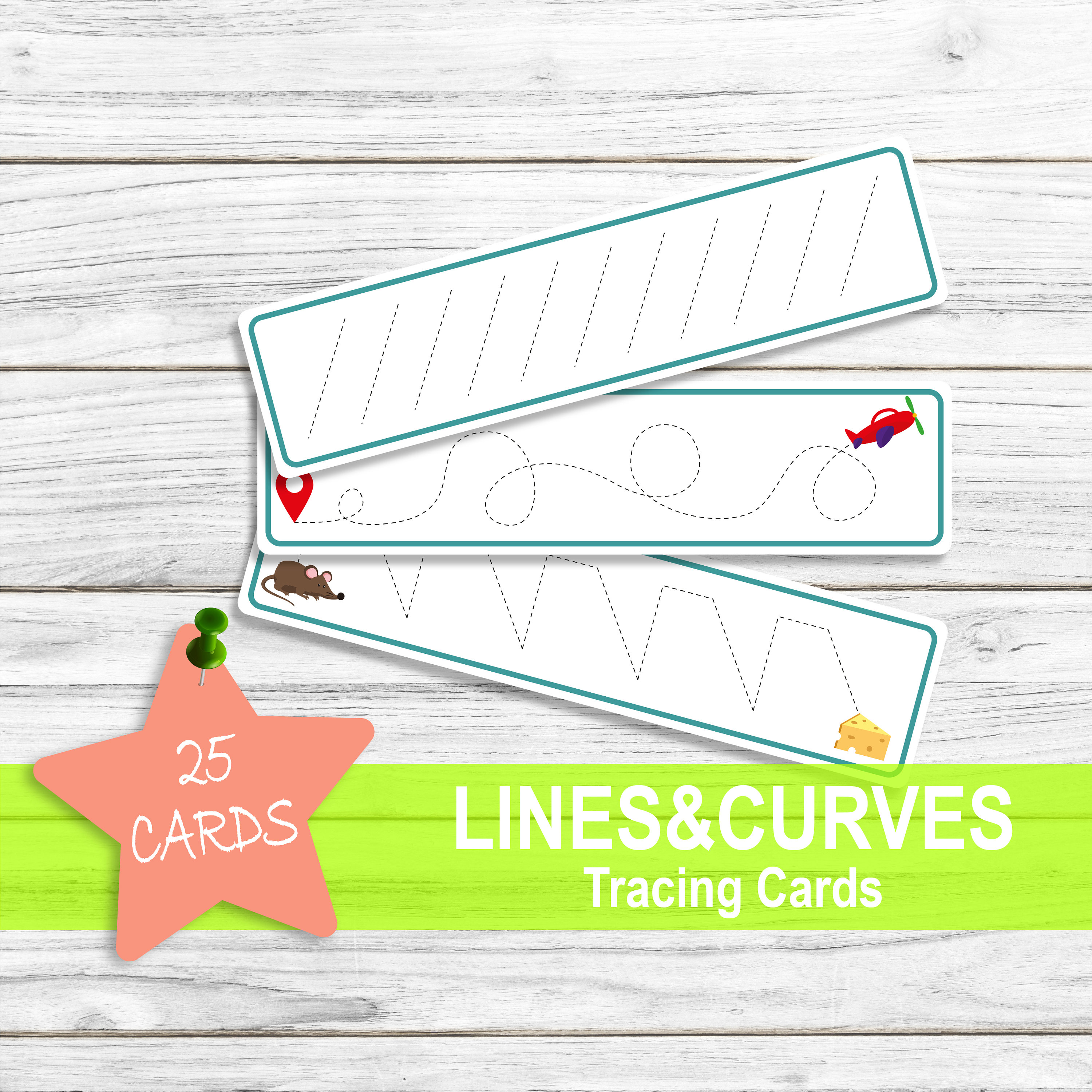 LINES CURVES Tracing Printable Flash Cards, Montessori Toddler