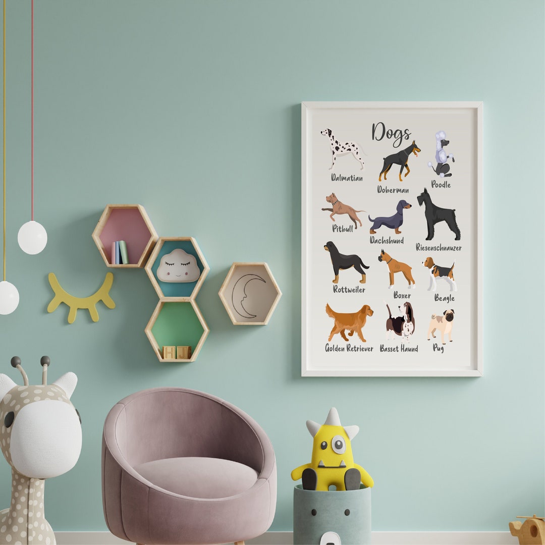 Dog Breed Chart Poster, Animal Printable Wall Art for Kids Room, Gift