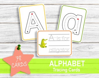 Könnte beinhalten: Alphabet-Übungskarten mit einer Illustration eines grünen Alligators. Die Karte zeigt den Buchstaben A mit gepunkteten Linien zum Nachzeichnen und den Satz "A ist für Alligator".