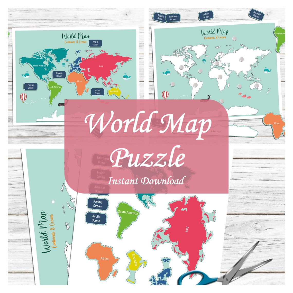 Continents Oceans Printable Puzzle World Geography Map Etsy Continents Oceans Printable Puzzle World Geography Map Etsy