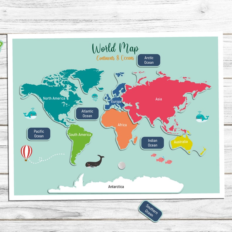 Continents Oceans Printable Puzzle World Geography Map - Etsy