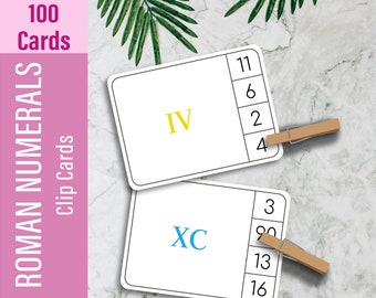 ROMAN NUMERALS (1-100) Clip Cards, Math Flash Cards, Educational Printable Number Flashcard, Preschool Math, Counting Activity, Kindergarten