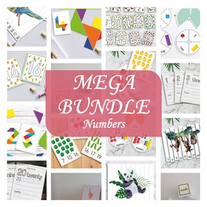 Nummerset, afdrukbare telclipkaarten, traceerkaart, papieren nummerblokken, tangramspel voor kinderen, werkmap, werkblad, telpuzzel, PDF