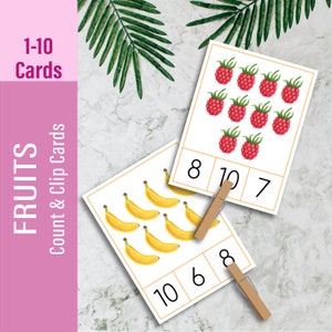 FRÜCHTE 1-10 Zähl- und Clipkarten Aquarell druckbare Zahl Kleinkind beschäftigt Buch, Montessori Papier Spiele für Kinder, Materialien für frühes Lernen
