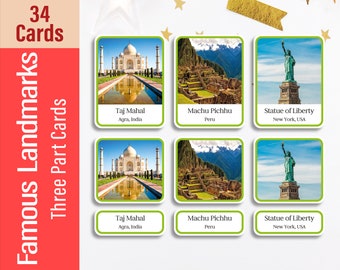 World Famous Landmarks Three Part Flashcards, World Wonders Nomenclature Cards, Printable Montessori for Kids, Toddler Homeschool Learning