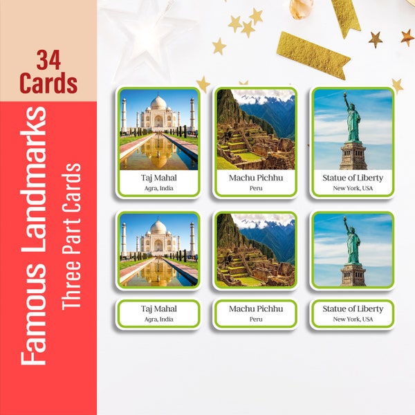 World Famous Landmarks Three Part Flashcards, World Wonders Nomenclature Cards, Printable Montessori for Kids, Toddler Homeschool Learning