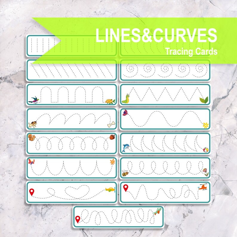 LINES CURVES Tracing Printable Flash Cards, Montessori Toddler