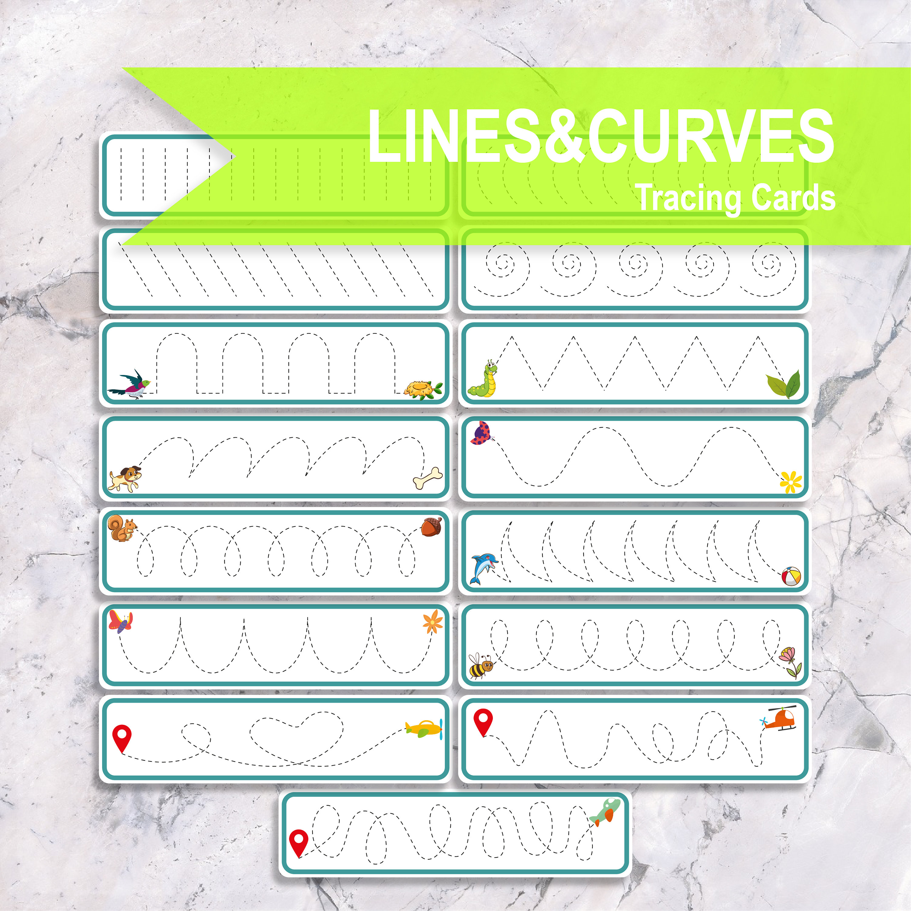 LINES CURVES Tracing Printable Flash Cards, Montessori Toddler
