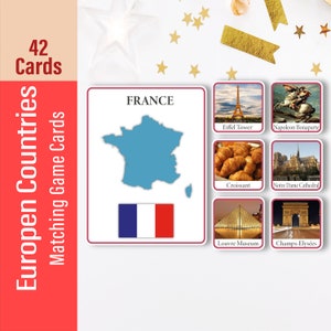 Paesi d'Europa Carte da gioco abbinate, Giocattolo di carta educativo prescolare per bambini, Schede flash, Materiali Montessori PDF stampabile