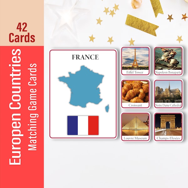 Countries of Europe Matching Game Cards, Preschool Educational Paper Toy for Kids, Flash cards, Montessori Materials Printable PDF