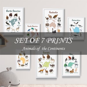 Set Von Tier Lernposter, Kontinente Poster, 7 Homeschool Druckbare, Playroom Print, Montessori Klassenzimmer Dekor, Bildung Lernen