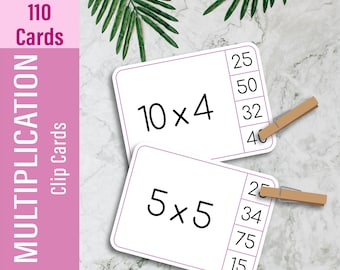 MULTIPLICATION (110 Cards) Clip Cards, Math Flash Card, Printable Toddler Busy Book For Kids, Educational Early Learning Montessori Material