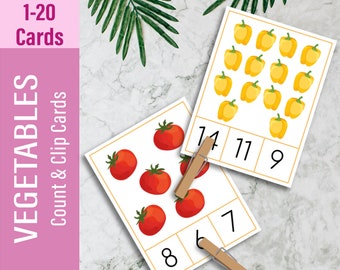 VEGETABLES 1-20 Count and Clip Cards  Printable Number Toddler Busy Book, Montessori Paper Games For Kids, Early Learning Materials