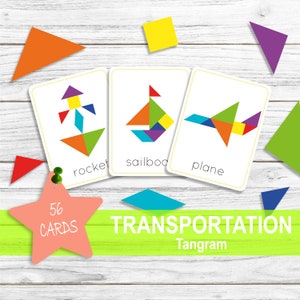 TANGRAM TRASPORTO Puzzle stampabili, Scheda Flash veicolo, Carta Montessori per bambini, Libro occupato di materiale Montessori per l'apprendimento precoce