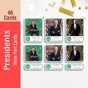 UNITED STATES PRESIDENTS, American Presidents Flash Cards, Presidents of the United States, 3 Part Cards, Flashcards, Printable Cards