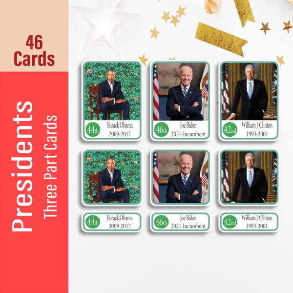 UNITED STATES PRESIDENTS, American Presidents Flash Cards, Presidents of the United States, 3 Part Cards, Flashcards, Printable Cards