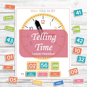 Tiempo de aprendizaje, Reloj imprimible, Qué hora es, Decir la hora, Preescolar, PDF de actividades para niños pequeños, Tiempo Montessori, Libro ocupado, Descarga instantánea