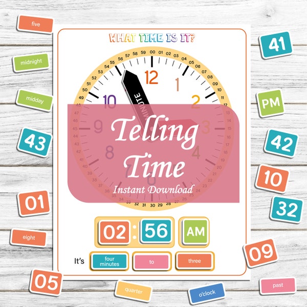 Learning Time, Printable Clock, What Time Is It, Telling Time, Preschool, Toddler Activity PDF, Montessori Time, Busy Book, Instant Download