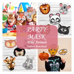 Könnte beinhalten: Druckbare Partymasken mit verschiedenen Wildtieren, darunter ein Löwe, ein Zebra, ein Panda, ein Eule, ein Igel, eine Giraffe, ein Nashorn und ein Gepard. Die Masken sind bunt und haben Ausschnitte für die Augen. Der Text "PARTY MASK Wild Animals Instant Download" wird auf einem rosa Hintergrund angezeigt.