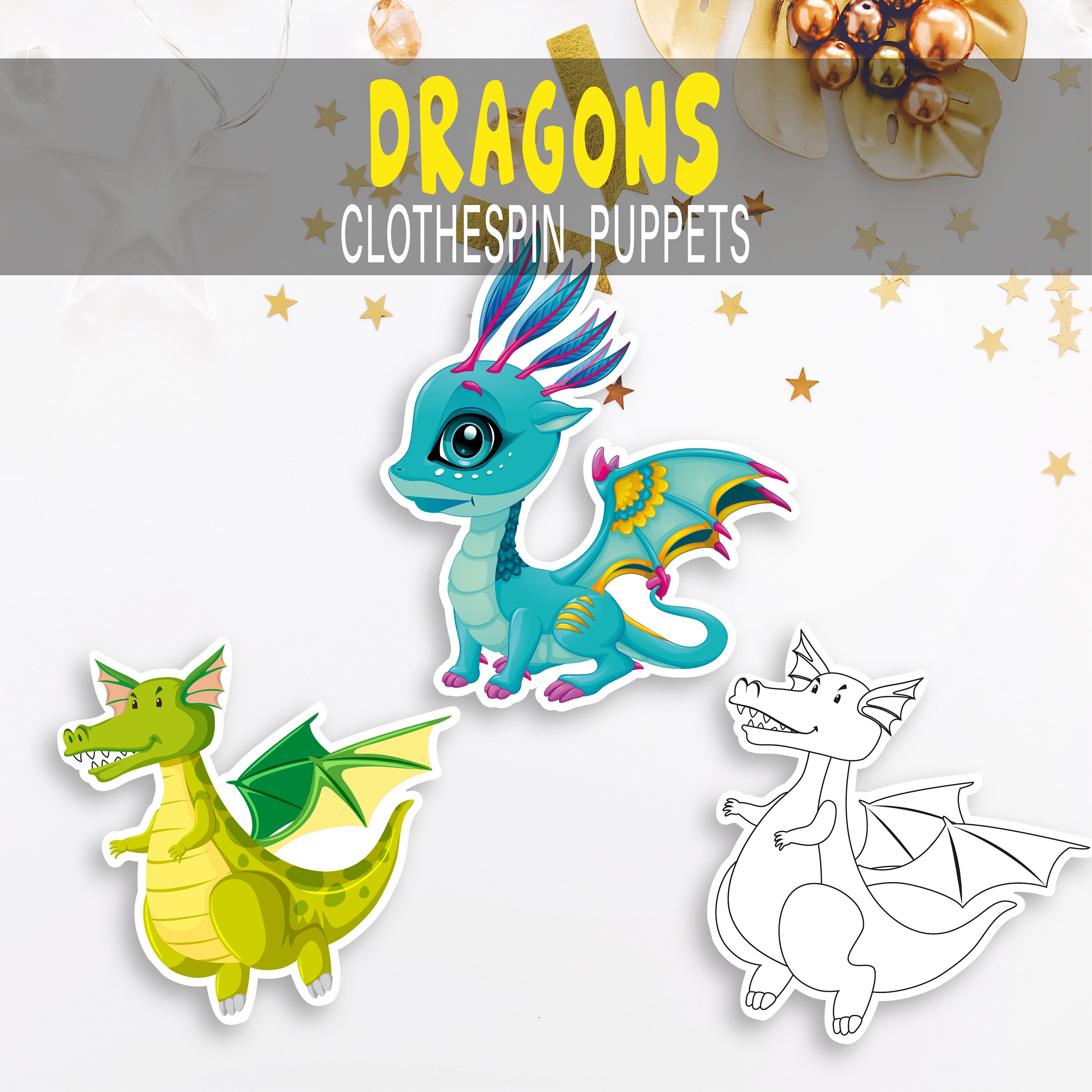 Dragons Clothespin Puppets Printable Toddler Busy Book, Montessori