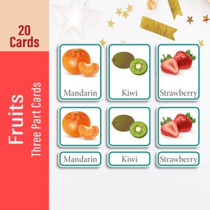FRUITS Three Part Flash cards, Montessori Preschool Toddler Flashcard Digital download For Kids, Homeschooling Printable, Learning Resources