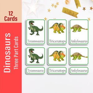 DINOSAURS Three Part Flash cards, Montessori Printable Flashcards, Nomenclature cards, Educational Material, Preschool,