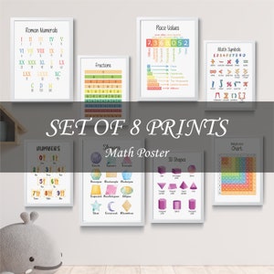 Conjunto de carteles educativos, Carteles de aprendizaje Montessori, Número de aula de educación preescolar en el hogar, Póster de matemáticas, Fracciones, Formas, Números romanos