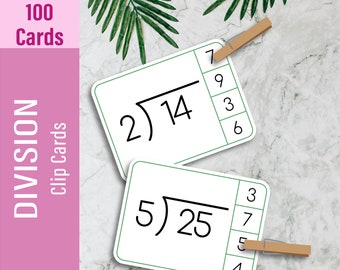 DIVISION (100 Cards) Clip Cards, Math Flash Cards, Printable Toddler Busy Book For Kids, Homeschooling, Educational Material, Teaching Tools