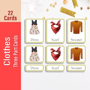 CLOTHES Three Part Flash cards, Montessori Toddler Printable Flashcard Activity For Kids, Nomenclature Cards, Preschool Educational Material