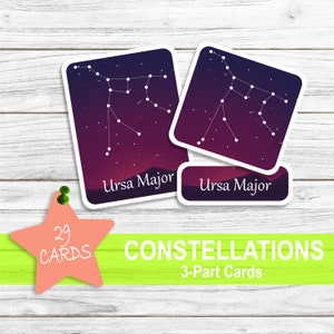 CONSTELACIÓN Tarjetas de tres partes, Tarjetas flash de astronomía para niños pequeños Montessori imprimibles para niños, Libro ocupado de material Montessori de aprendizaje temprano