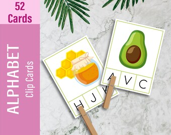 ALPHABET Clip Cards, Letters Recognition, Printable Montessori Flash Card, Preschool and Kindergarten Educational Activity, Digital Download