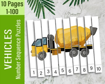 Vehicles Number Sequence Puzzle: Montessori Printable (Digital Download)
