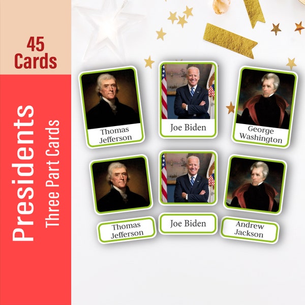 UNITED STATES PRESIDENTS, American Presidents Flash Cards, Presidents of the United States, 3 Part Cards, Flashcards, Printable Cards