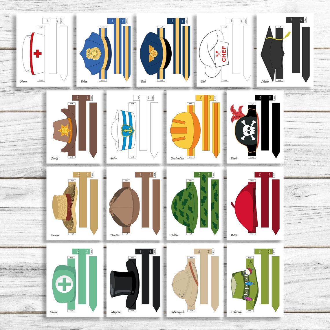 Paper Party Hats for Kids, INSTANT DOWNLOAD PRINTABLE Profession Theme Birthday Party Hats ...