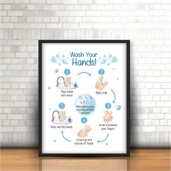 Wash Your Hands Poster, Hand Washing Printable Poster For Kids, Montessori Toddler Responsibility for Kids, Bathroom Decor, Kids Wall Art