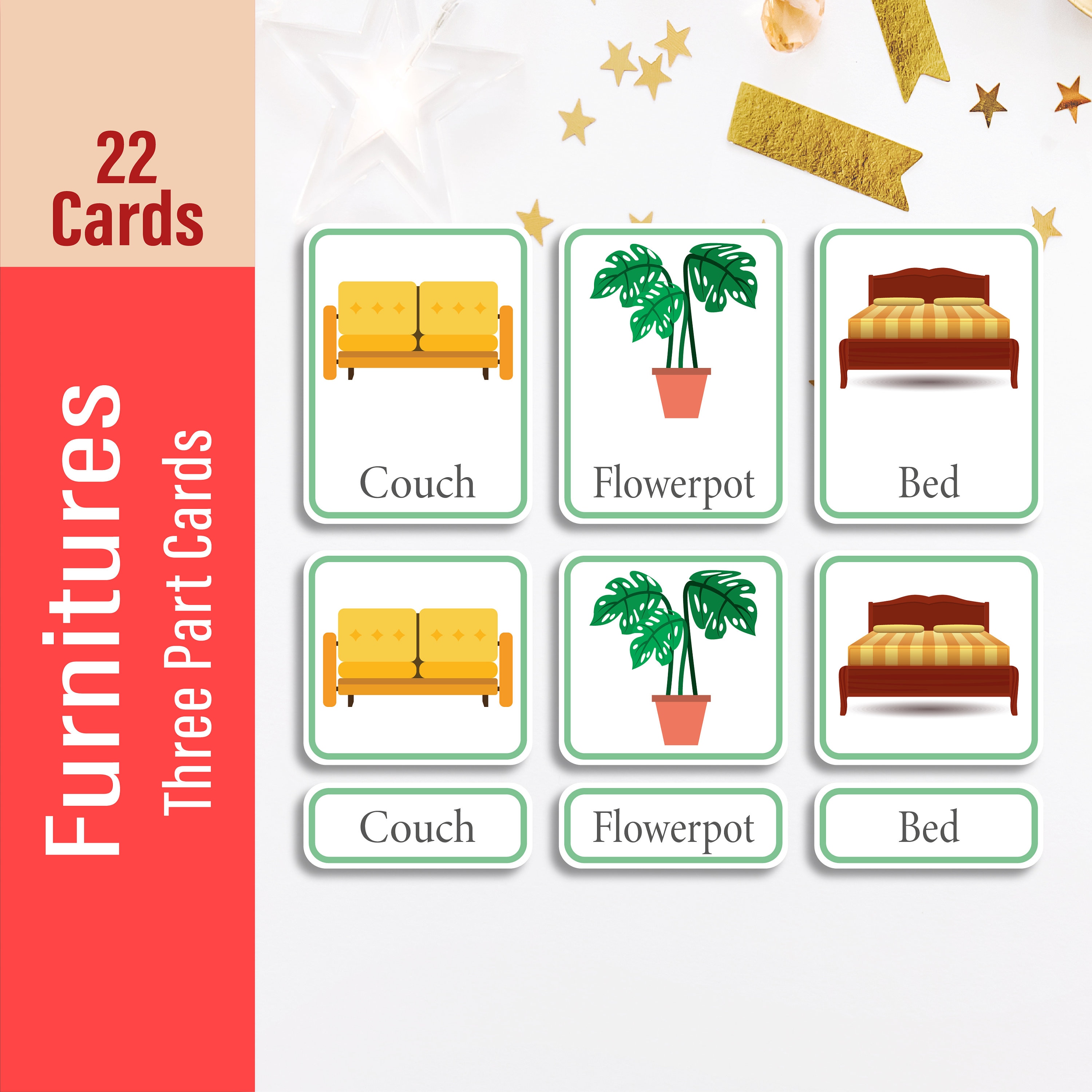 FURNITURES Three Part Flash card Montessori Toddler Printable | Etsy