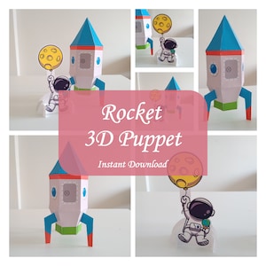 3D Paper Rocket Puppet, Space Star ship, Rocket toy gifts, Cosmonaut, Rocket ship, Print and fold, Instant digital download, Rocket launcher