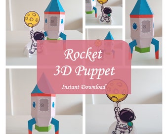 3D Paper Rocket Puppet, Space Star ship, Rocket toy gifts, Cosmonaut, Rocket ship, Print and fold, Instant digital download, Rocket launcher