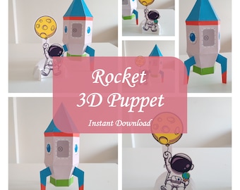 3D Paper Rocket Puppet, Space Star ship, Rocket toy gifts, Cosmonaut, Rocket ship, Print and fold, Instant digital download, Rocket launcher