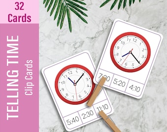 TELLING TIME (32 Cards) Clip Cards, Clock Flash Cards, Educational Nomenclature Cards, PDF Printable, Preschool Toddler Activity, Busy Book