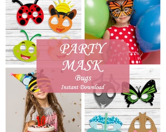 Puede incluir: Un conjunto de máscaras de fiesta imprimibles con varios insectos, incluyendo una mariquita, una abeja, una oruga, una mariposa, una libélula y una hormiga. Las máscaras están diseñadas para fiestas infantiles y están disponibles para descarga instantánea. El texto "PARTY MASK Bugs Instant Download" se muestra en un fondo rosa.