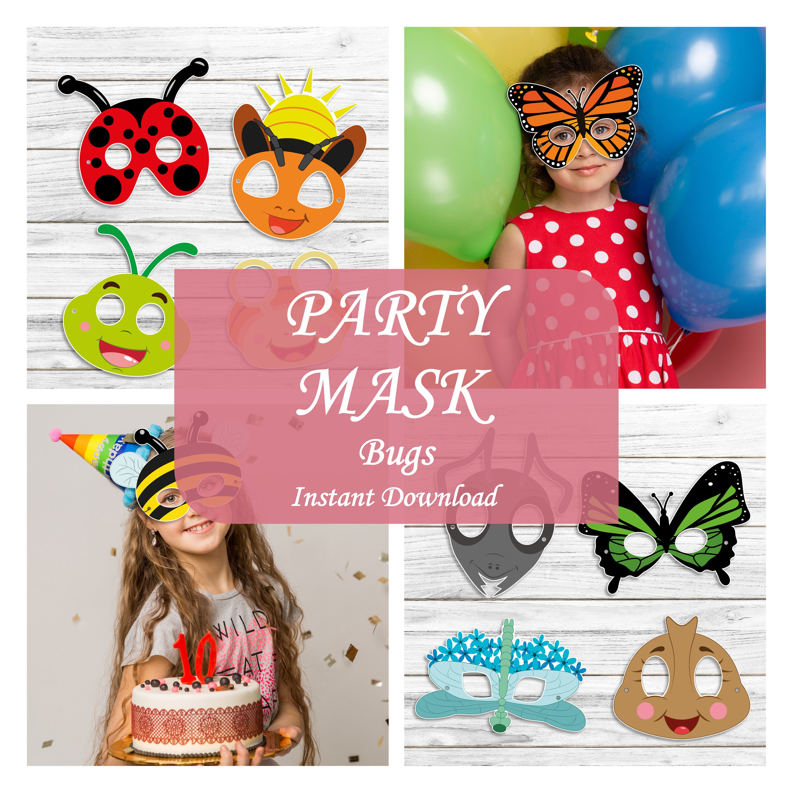 BUG Insect Masks, animal printable paper mask, kid party mask, halloween costume, printable ideas for kids instant, Ladybug, Butterfly
