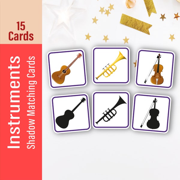 Musical Instruments Shadow Matching Card, Montessori Cards, Memory Game for Kids, Flash Cards Nomenclature FlashCard Pdf Printable preschool