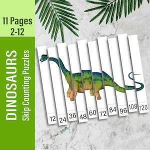 DINOSAURS 2-12 Skip Counting Sequence Number Puzzle  Printable  Toddler Busy Book, Montessori Paper Game For Kid, Early Learning Material