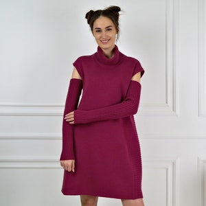 Strickkleid mit Handschuhen, Rosenholz Wollkleid, Kurzes Strickkleid, Lockeres Wollkleid, Winter Strickkleid, Warmes Strickkleid, Midi Strickkleid