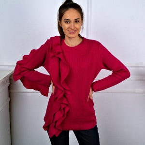 WOMEN SWEATER with ruffles, Wool Knit Sweater, Wool Knit Sweater for Women, Warm Winter Sweater, Fuchsia Color sweater, Knitted Sweater
