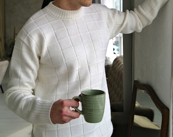 MEN'S SWEATER, Knitted sweater Men, White sweater, Knit sweater, Woolen Sweater, Men sweater, Knitted pullover, Man Sweater, Warm Sweater