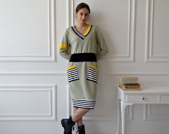Asymmetric Wool Knit Dress, V-Neck Midi, Pockets
