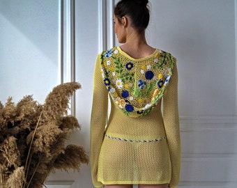 CROCHET BEACH DRESS, Knitted Tunic, Openwork beach top, Knitted summer top, Crochet top, Elegant beach top, Sexy beach tunic, Hooded top
