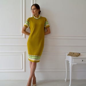 Knitted Dress, Short Knit Dress, Wool Dress with Openwork Sleeves and Turtleneck, Custom Size Dress, Autumn, Winter, Spring Dress
